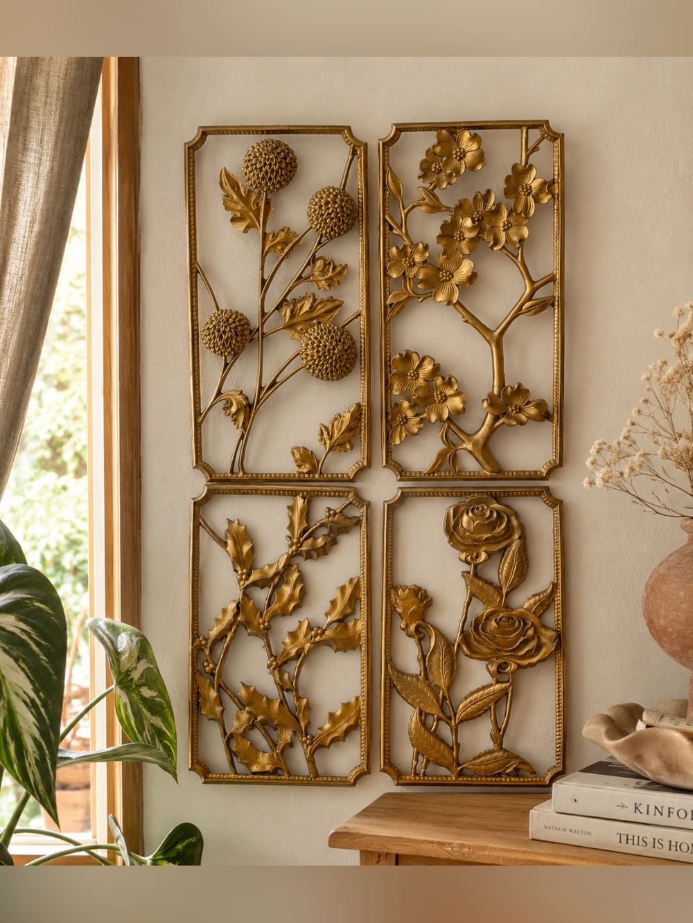 Vintage Syroco Gold Metal Botanical Wall Art Set Floral Roses 4 Panel Decor 12x6
